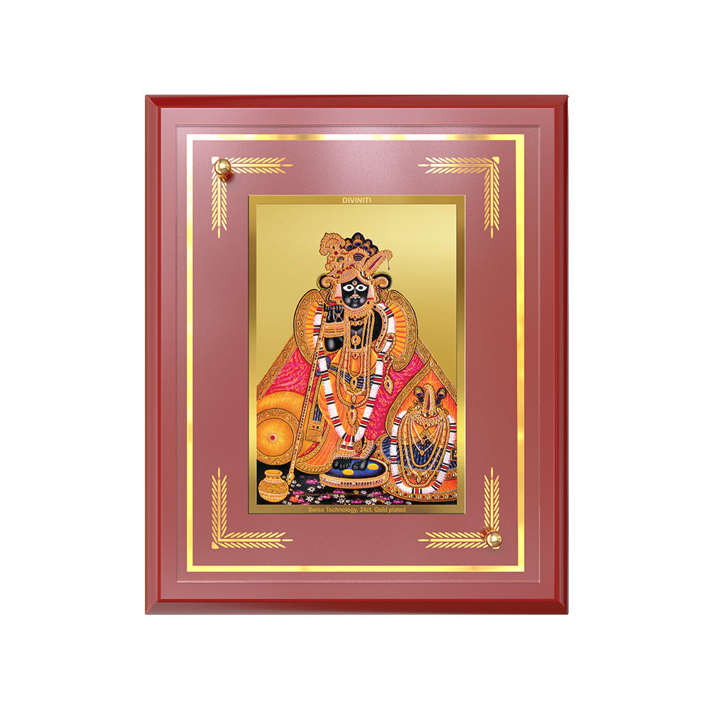 Kunjbihari Tabletop Photo Frame featuring Lord Krishna in a gold plated design with vibrant colors.