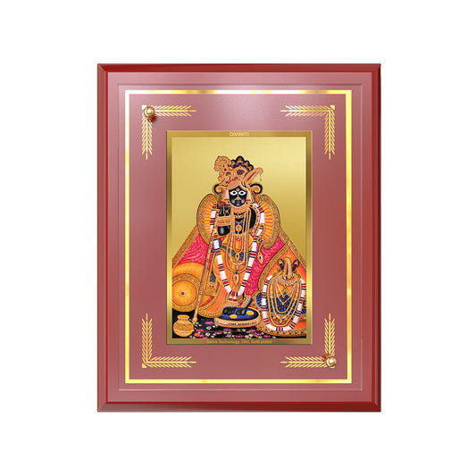 Kunjbihari Tabletop Photo Frame featuring Lord Krishna in a gold plated design with vibrant colors.