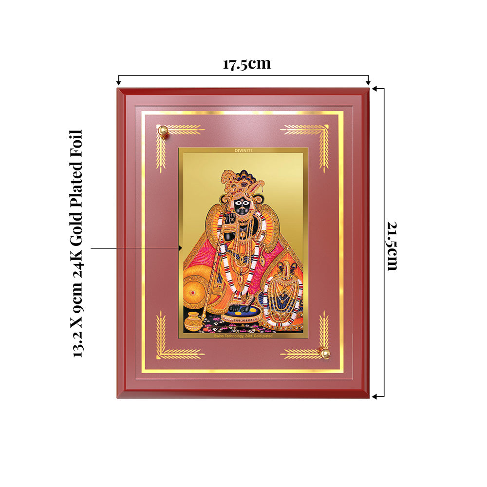 Kunjbihari Tabletop Photo Frame featuring Lord Krishna, crafted in 24K gold plated foil, dimensions 17.5cm x 21.5cm.