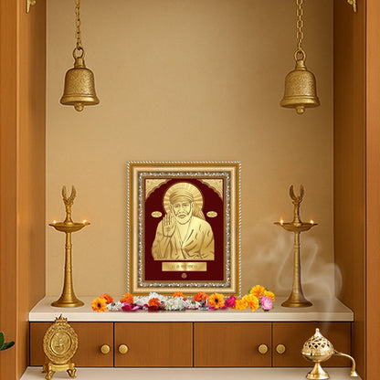 Blessing Sai Baba | Saint of Faith & Compassion Gold on Gold Wall Hanging Frame in 24K Gold Plated Foil