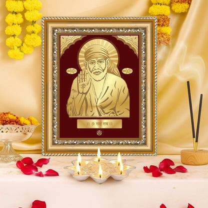 Blessing Sai Baba | Saint of Faith & Compassion Gold on Gold Wall Hanging Frame in 24K Gold Plated Foil