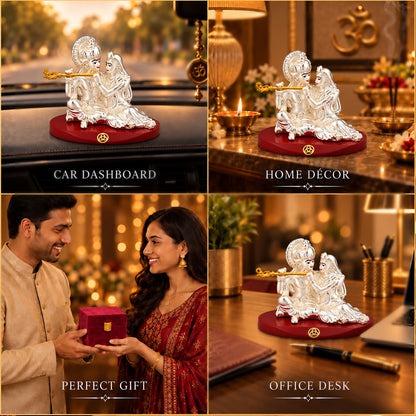 DIVINITI 999 Silver-Plated Radha Krishna Idol | Car & Home Decor | Gift Box | 7x9 CM