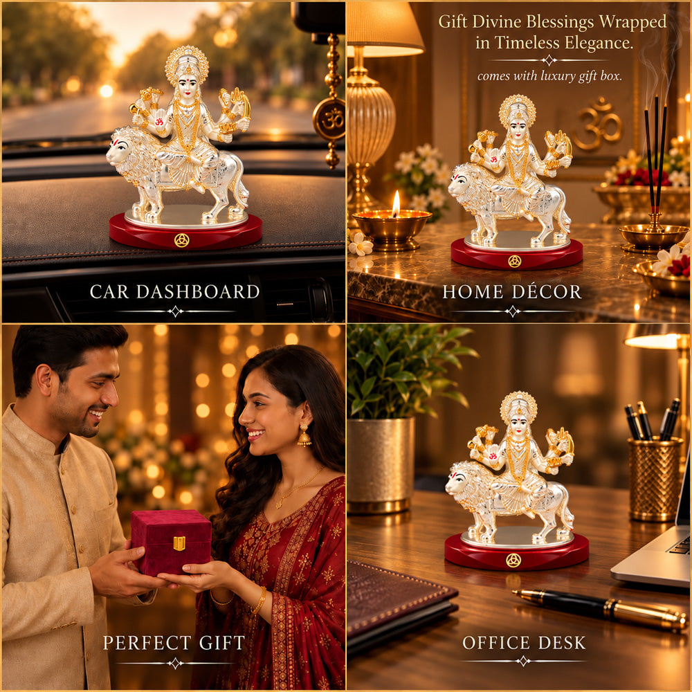 DIVINITI 999 Silver-Plated Sherawali Mata Idol | Car & Home Decor | Gift Box | 10x5 CM