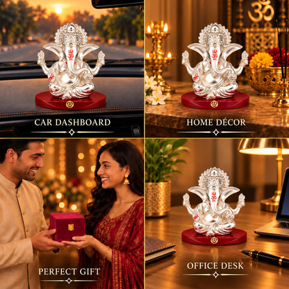 DIVINITI 999 Silver-Plated 4-Hand Ganesha Idol | Car & Home Décor | Gift Box | 8x8 CM