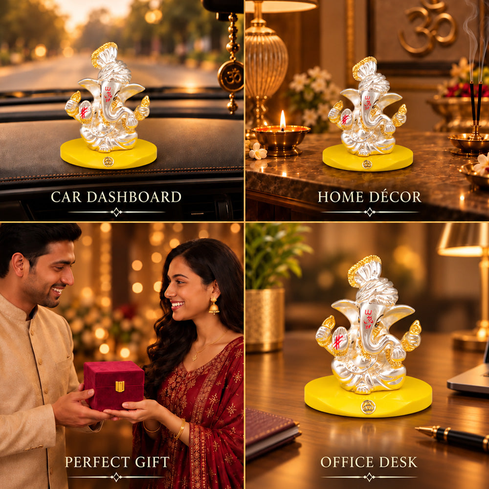 999 Silver-Plated Pagdi Ganesha Idol | Car & Home Décor | Gift Box | 7x7 CM