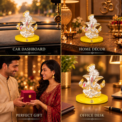 999 Silver-Plated Pagdi Ganesha Idol | Car & Home Décor | Gift Box | 7x7 CM