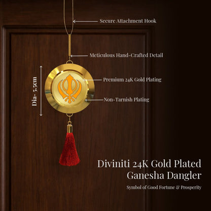 Diviniti 24K Gold Plated Double Sided Khanda Sahib & Ik Onkar Car Dangler | 5.5CM Khanda Sahib Hanging Car Decor|Luxurious Dangler For Car|Divine Car Accessories For Positive Energy & Protection
