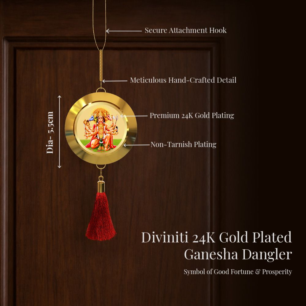 Diviniti 24K Gold Plated Double Sided Panchmukhi Hanuman & Yantra Car Dangler|6CM Lord Hanuman Hanging Car Decor|Luxurious 24K Gold Plated Dangler For Car|Divine Car Accessories For Positive Energy & Protection