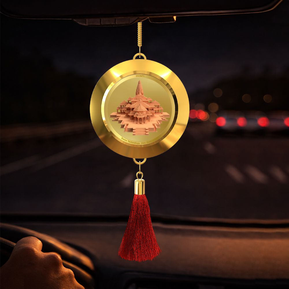Diviniti 24K Gold Plated Double-Sided Ram Darbar & Temple Car Dangler (5.5 cm) | Divine Hanging Car Decor for Protection, Positive Energy & Spiritual Blessings