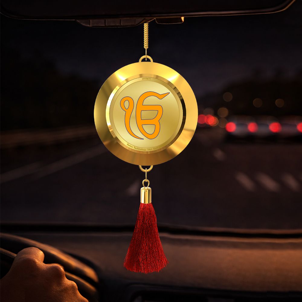 Diviniti 24K Gold Plated Double Sided Khanda Sahib & Ik Onkar Car Dangler | 5.5CM Khanda Sahib Hanging Car Decor|Luxurious Dangler For Car|Divine Car Accessories For Positive Energy & Protection