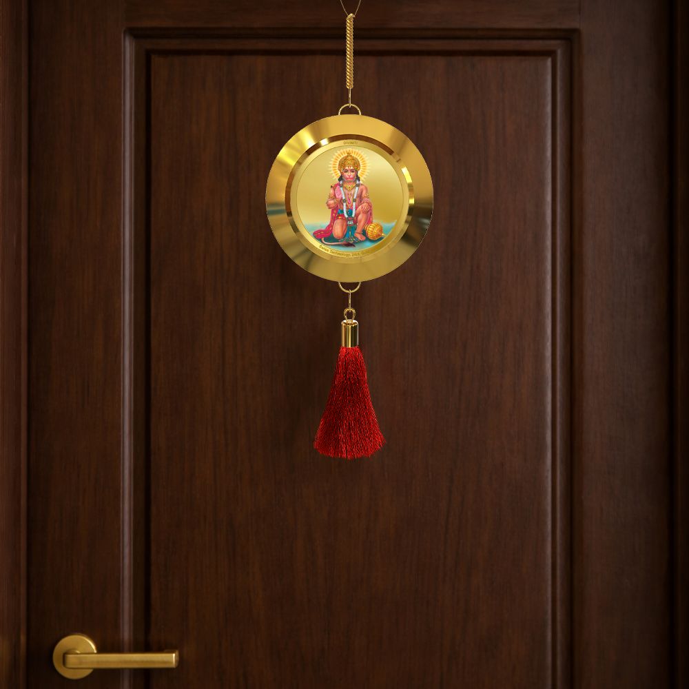 Diviniti 24K Gold Plated Double Sided Hanuman & Yantra Car Dangler|5.5CM Hanuman Hanging Car Decor|Luxurious 24K Gold Plated Dangler For Car|Divine Car Accessories For Positive Energy & Protection