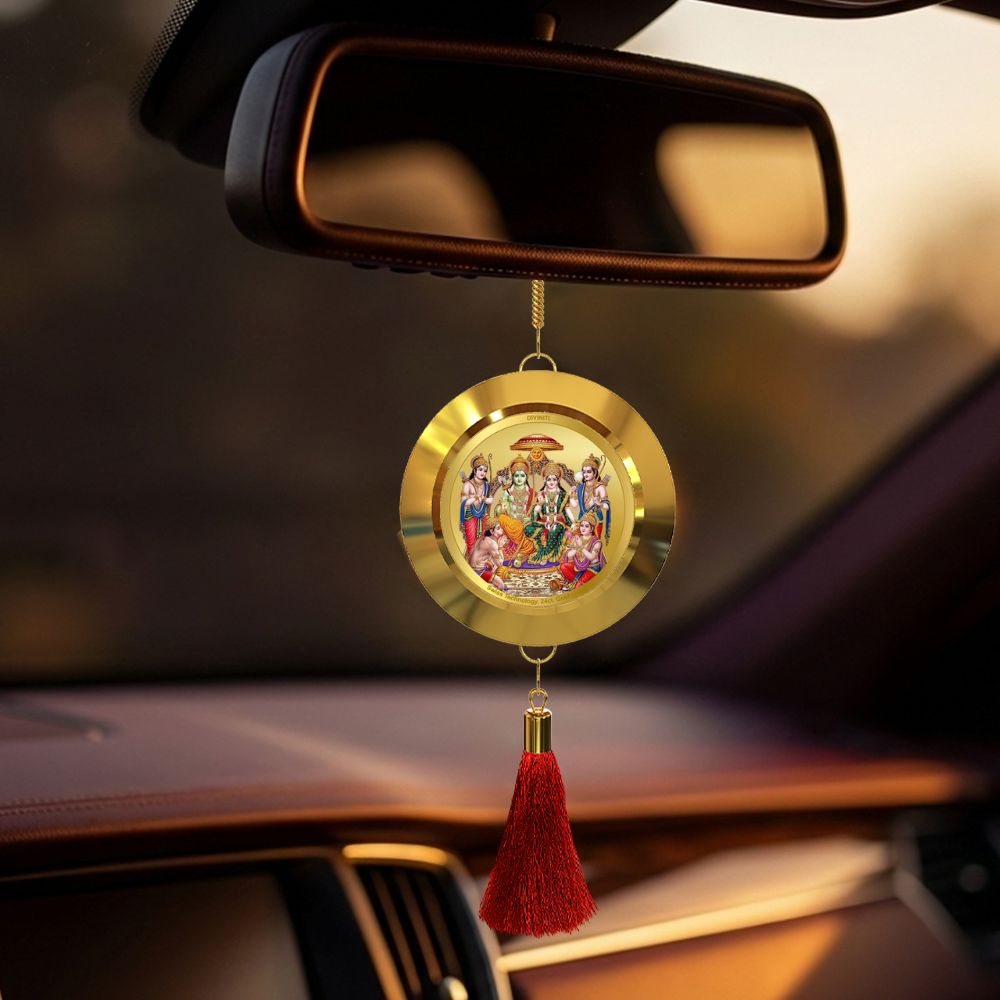Diviniti 24K Gold Plated Double-Sided Ram Darbar & Temple Car Dangler (5.5 cm) | Divine Hanging Car Decor for Protection, Positive Energy & Spiritual Blessings