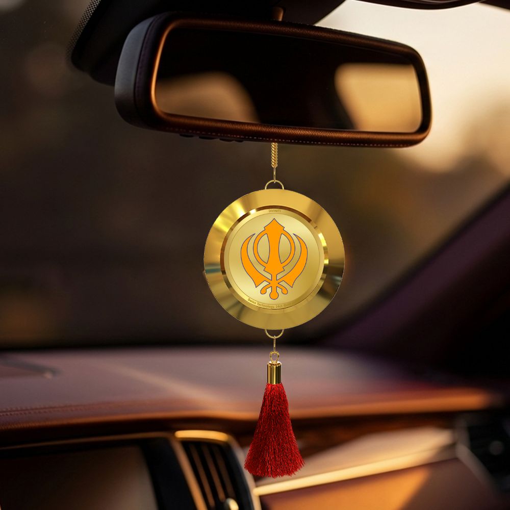 Diviniti 24K Gold Plated Double Sided Khanda Sahib & Ik Onkar Car Dangler | 5.5CM Khanda Sahib Hanging Car Decor|Luxurious Dangler For Car|Divine Car Accessories For Positive Energy & Protection
