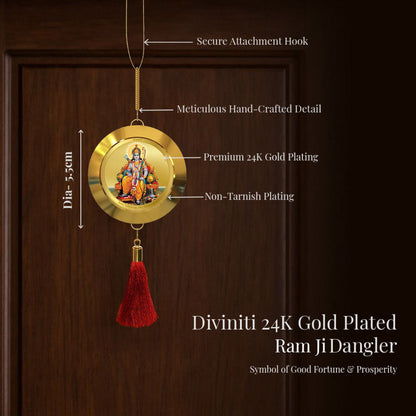 Diviniti 24K Gold Plated Double-Sided Ram Lalla & Yantra Car Dangler (5.5 cm) | Divine Hanging Car Decor for Protection, Positive Energy & Spiritual Blessings