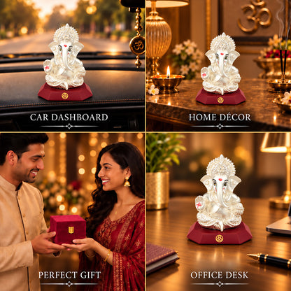 DIVINITI 999 Silver-Plated Ganesha Idol | Car & Home Decor | Gift Box | 10x7 CM