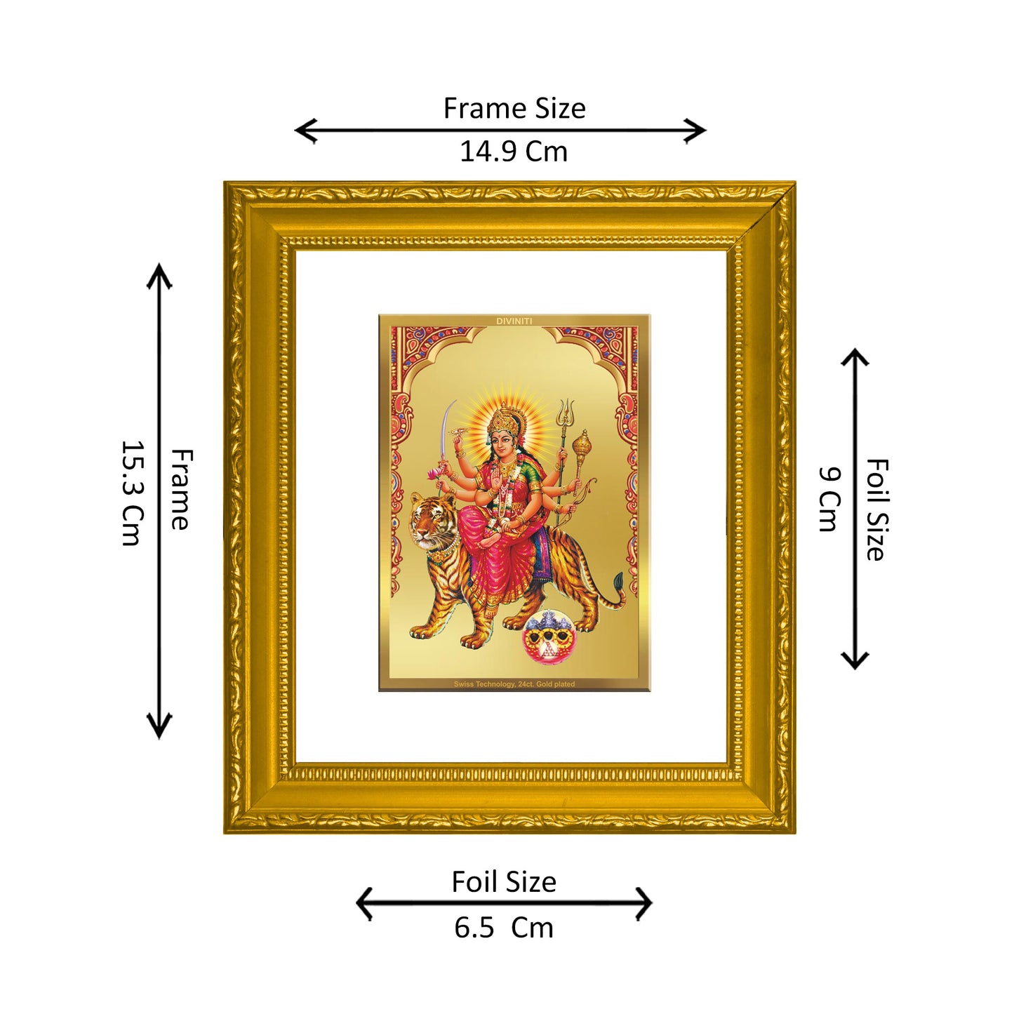 DIVINITI 24K Gold Plated Foil Siddhidatri Mata Wall Photo Frame Religious Photo Frame Idol for Home & Office Decor Prayer, Gifts Items DG 101 Size 1 (15.3x14.9 CM)