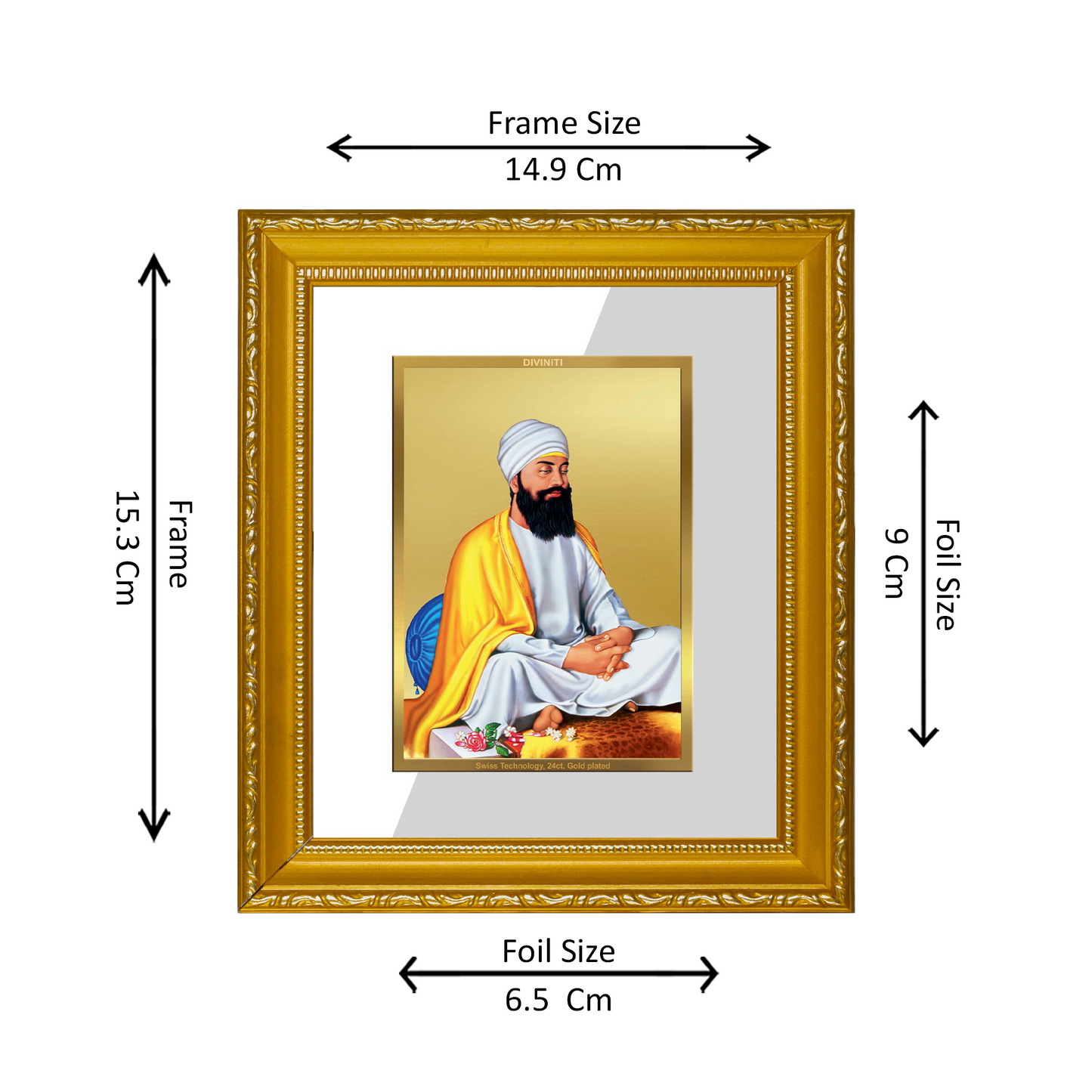 DIVINITI 24K Gold Plated Foil Guru Tegh Bahadar Sahib Ji Wall Photo Frame Religious Photo Frame Idol for Home & Office Decor Prayer, Gifts Items DG 101 Size 1 (15.3x14.9 CM)