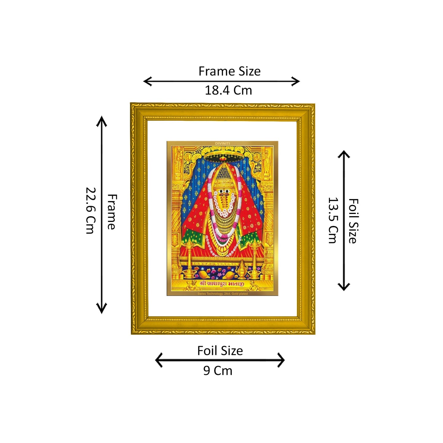 DIVINITI 24K Gold Plated Foil Ashapura Mata Photo Frame Idol for Prayer, Home Decor, Wall Hanging, Premium Gift|DG101 Size 2 (22.6x18.4 CM)