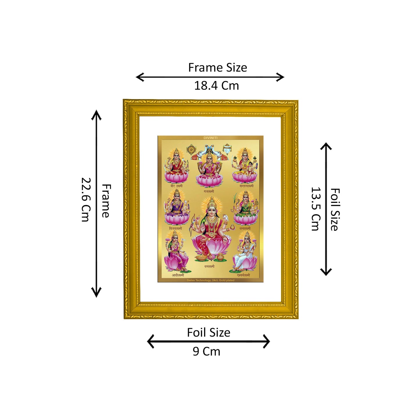 DIVINITI 24K Gold Plated Foil Ashtha Lakshmi Elegant Wall Photo Frame Idol for Puja Room, Home Decor, Luxury Gift|DG101 Size 2 (22.6x18.4 CM)