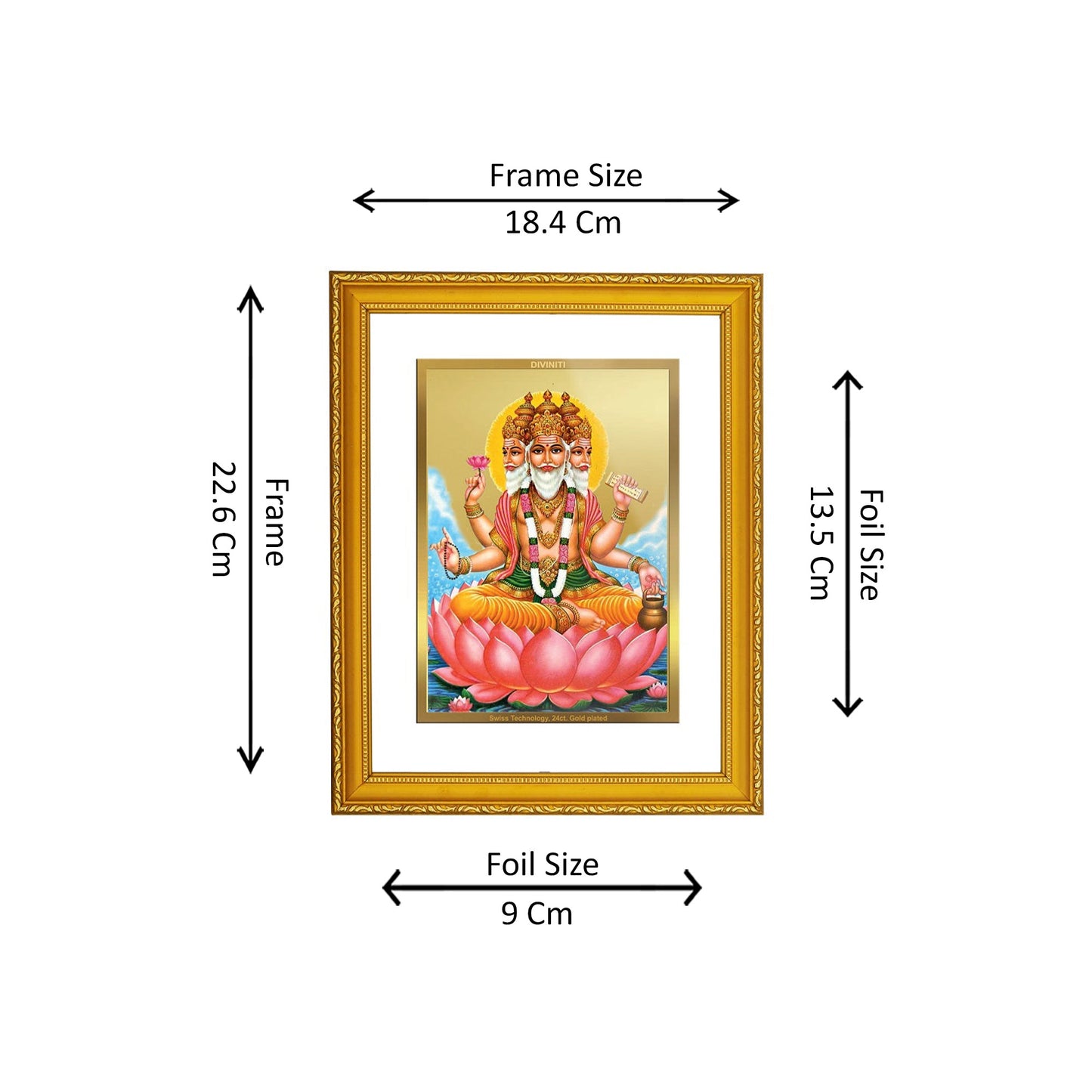 DIVINITI 24K Gold Plated Foil Lord Brahma Elegant Photo Frame Idol for Prayer, Workshop, Wall Hanging, Home Decor, Gift|DG101 Size 2 (22.6x18.4 CM)