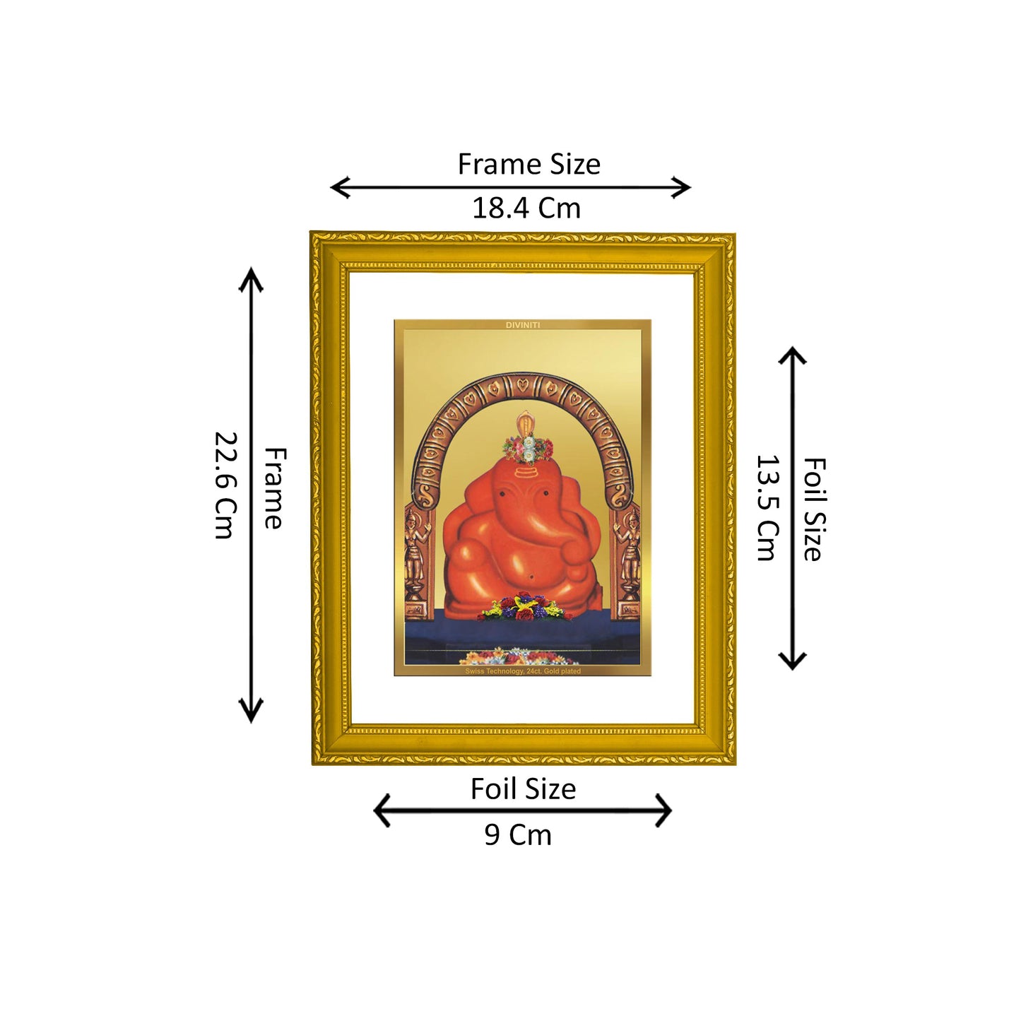 DIVINITI 24K Gold Plated Foil Lord Ganesha Elegant Photo Frame Idol for Puja Room, Workshop, Home Decor, Wall Hanging, Gift|DG101 Size 2 (22.6x18.4 CM)