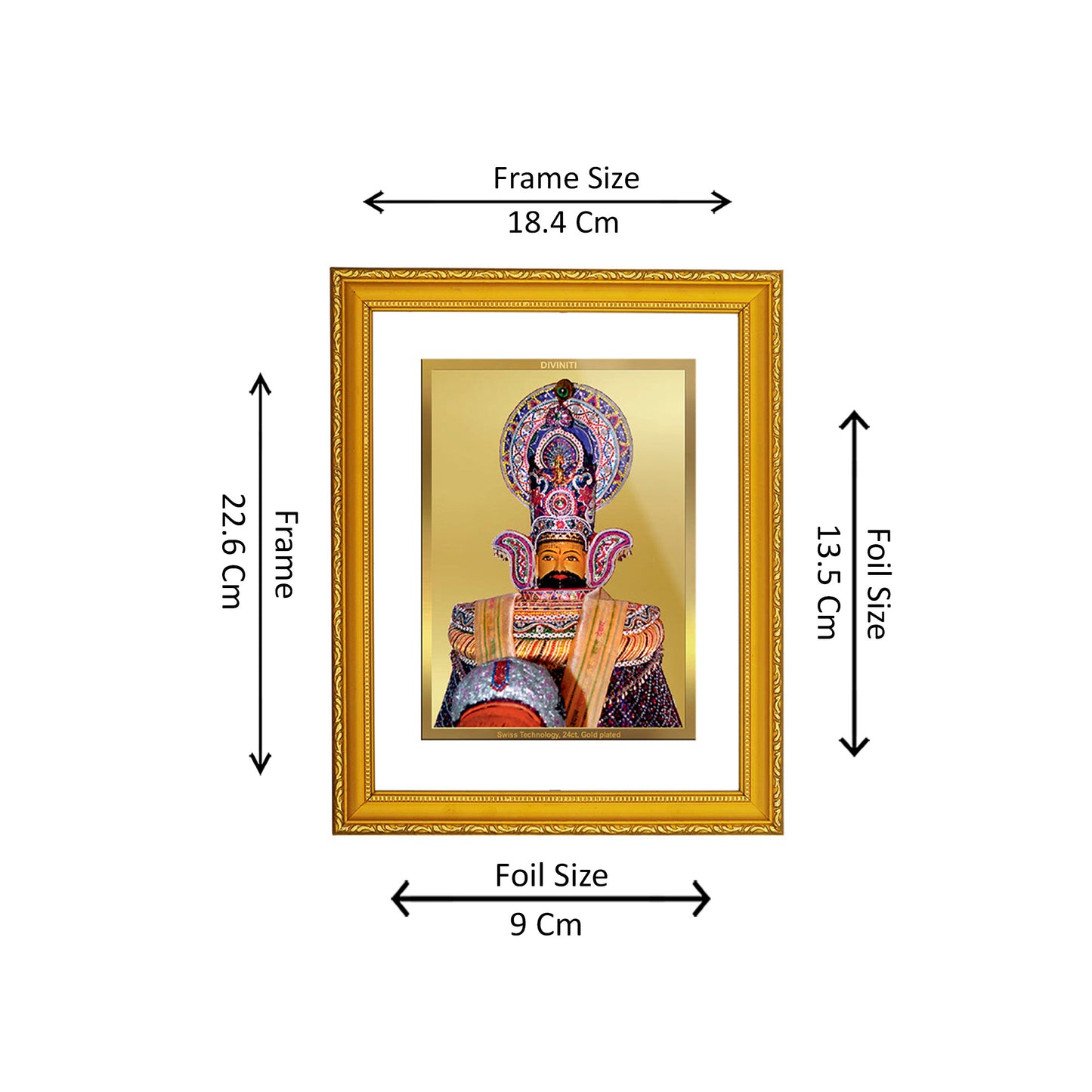 DIVINITI 24K Gold Plated Khatu Shyam Traditional Photo Frame Idol for Home Wall Decor, Workshop, Table Top, Premium Gift|DG101 Size 2 (22.6x18.4 CM)