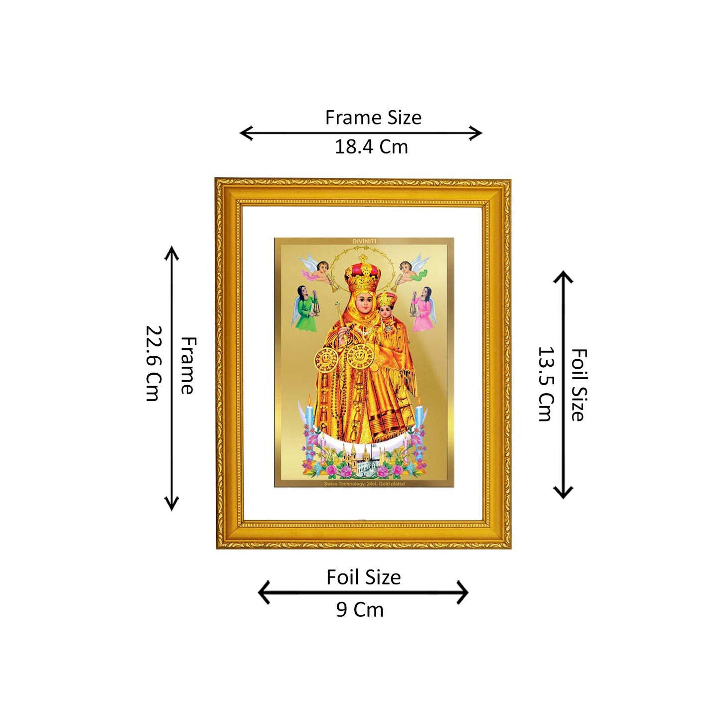 DIVINITI 24K Gold Plated Lady Of Health Elegant Photo Frame Idol for Puja Room, Home Wall Decor, Workshop, Table Top, Premium Gift|DG101 Size 2 (22.6x18.4 CM)