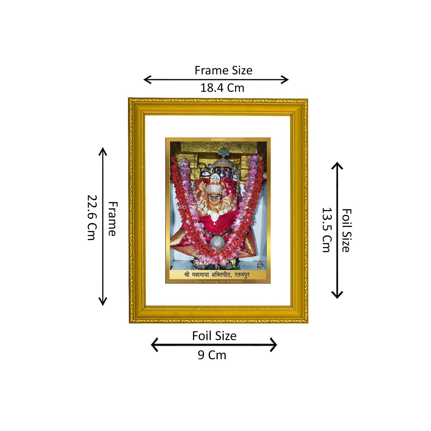 DIVINITI 24K Gold Plated Mahamaya Shaktipeeth Premium Photo Frame Idol for Home Decor, Wall Hanging, Workshop, Table Top, Gift|DG101 Size 2 (22.6x18.4 CM)