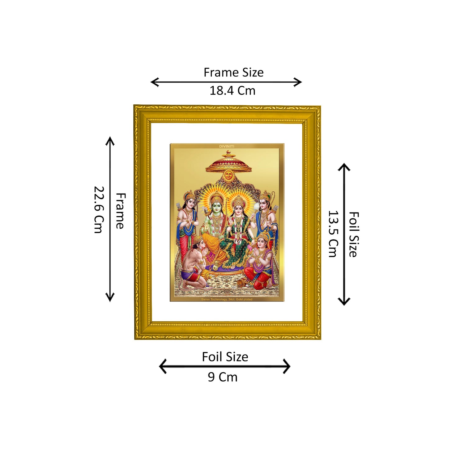 DIVINITI 24K Gold Plated Foil Lord Ram Darbar Photo Frame Idol for Puja Room, Workshop, Wall Hanging, Home Decor, Gift|DG101 Size 2 (22.6x18.4 CM)