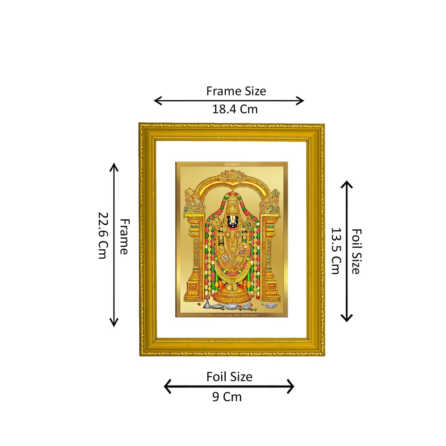 DIVINITI 24K Gold Plated Foil Tirupati Balaji Photo Frame Idol for Home Wall Decor, Workshop, Table Top, Gift|DG101 Size 2 (22.6x18.4 CM)