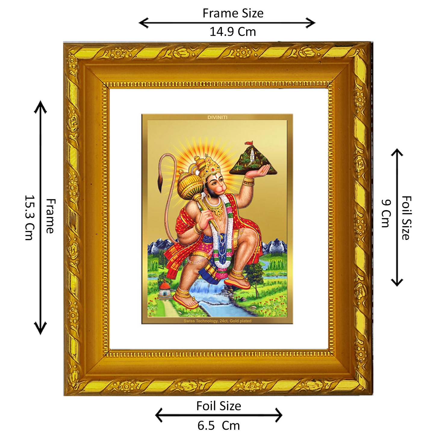 DIVINITI 24K Gold Plated Foil Hanuman Ji God Photo Frame for Home Wall Decor, Puja Room DG 103 Size 1 (15.3x14.9 CM)
