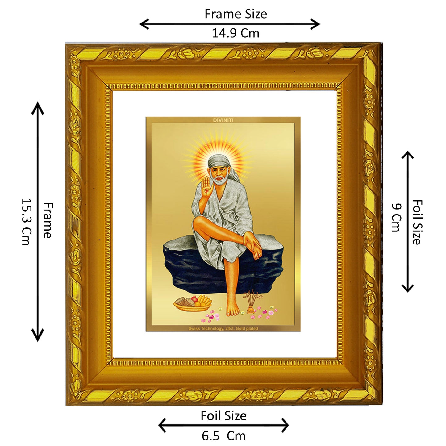 DIVINITI 24K Gold Plated Foil Sai Baba Photo Frame For Home Wall Decor, TableTop, Prayer Room (15.0 X 13.0 CM)