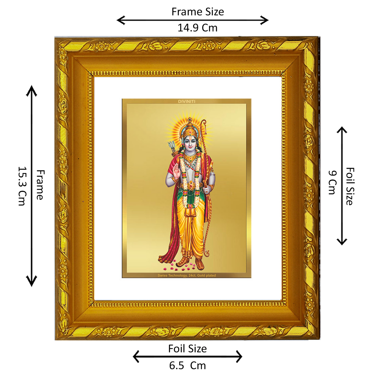DIVINITI 24K Gold Plated Foil Lord Ram Photo Frame for Home Wall Decor, Puja, Diwali Gift DG 103 Size 1 (15.3x14.9 CM)
