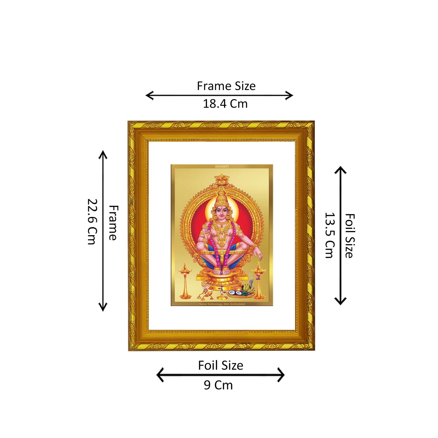 DIVINITI 24K Gold Plated Foil Ayyappan Modern Photo Frame Idol for Puja Room, Home Wall Decor, Workshop, Table Top, Premium Gift|DG103 Size 2 (22.6x18.4 CM)