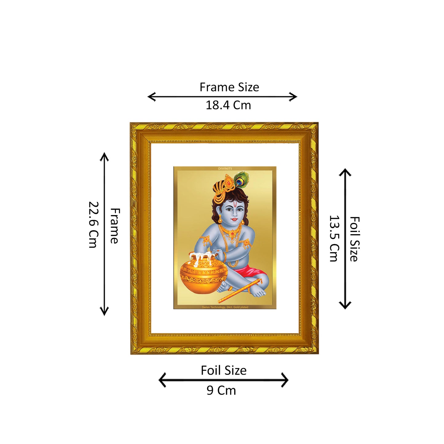 DIVINITI 24K Gold Plated Foil Bal Gopal Photo Frame Idol for Puja Room, Home Wall Decor, Workshop, Table Top, Premium Gift|DG103 Size 2 (22.6x18.4 CM)