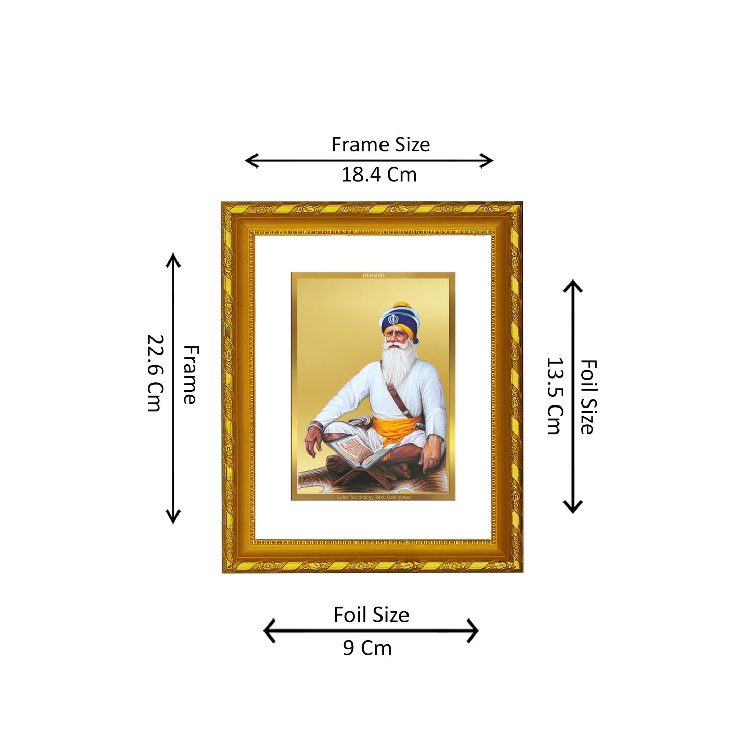 DIVINITI 24K Gold Plated Foil Baba Deep Singh Ji's Photo Frame Idol for Wall Hanging, Workshop, Table Top, Home Decor, Luxury Gift|DG103 Size 2 (22.6x18.4 CM)