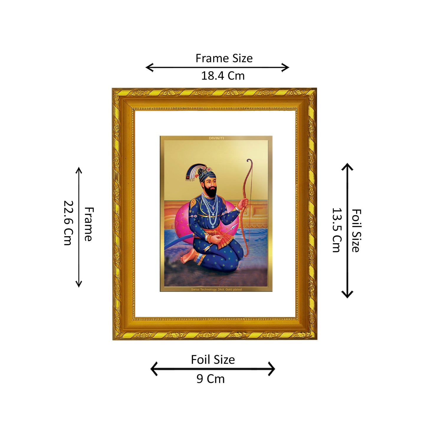 DIVINITI 24K Gold Plated Foil Guru Gobind Singh Ji's Photo Frame for Home & Office Decor, Wall Hanging, Workshop, Table Top, Gift|DG103 Size 2 (22.6x18.4 CM)