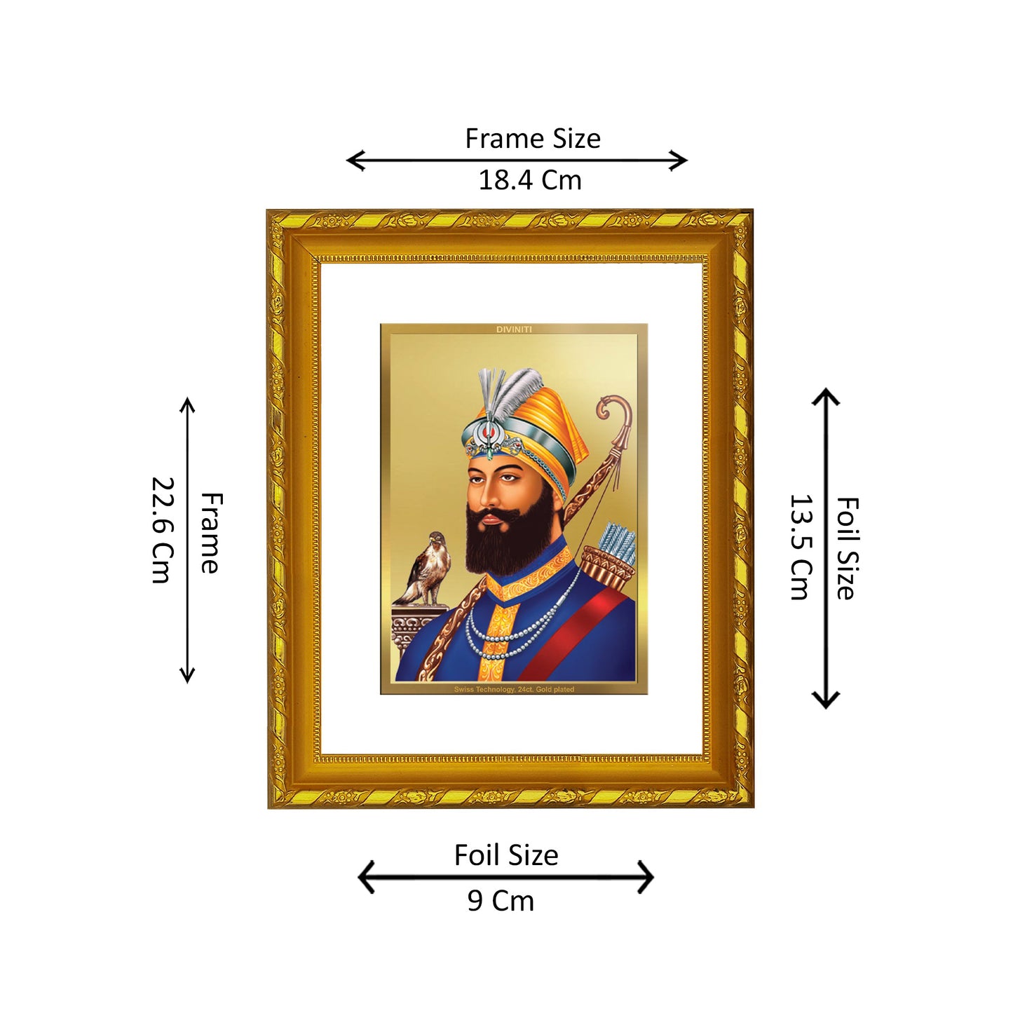 DIVINITI 24K Gold Plated Foil Guru Gobind Singh Ji Photo Frame for Home Wall Decor, Workshop, Table Top, Gift|DG103 Size 2 (22.6x18.4 CM)