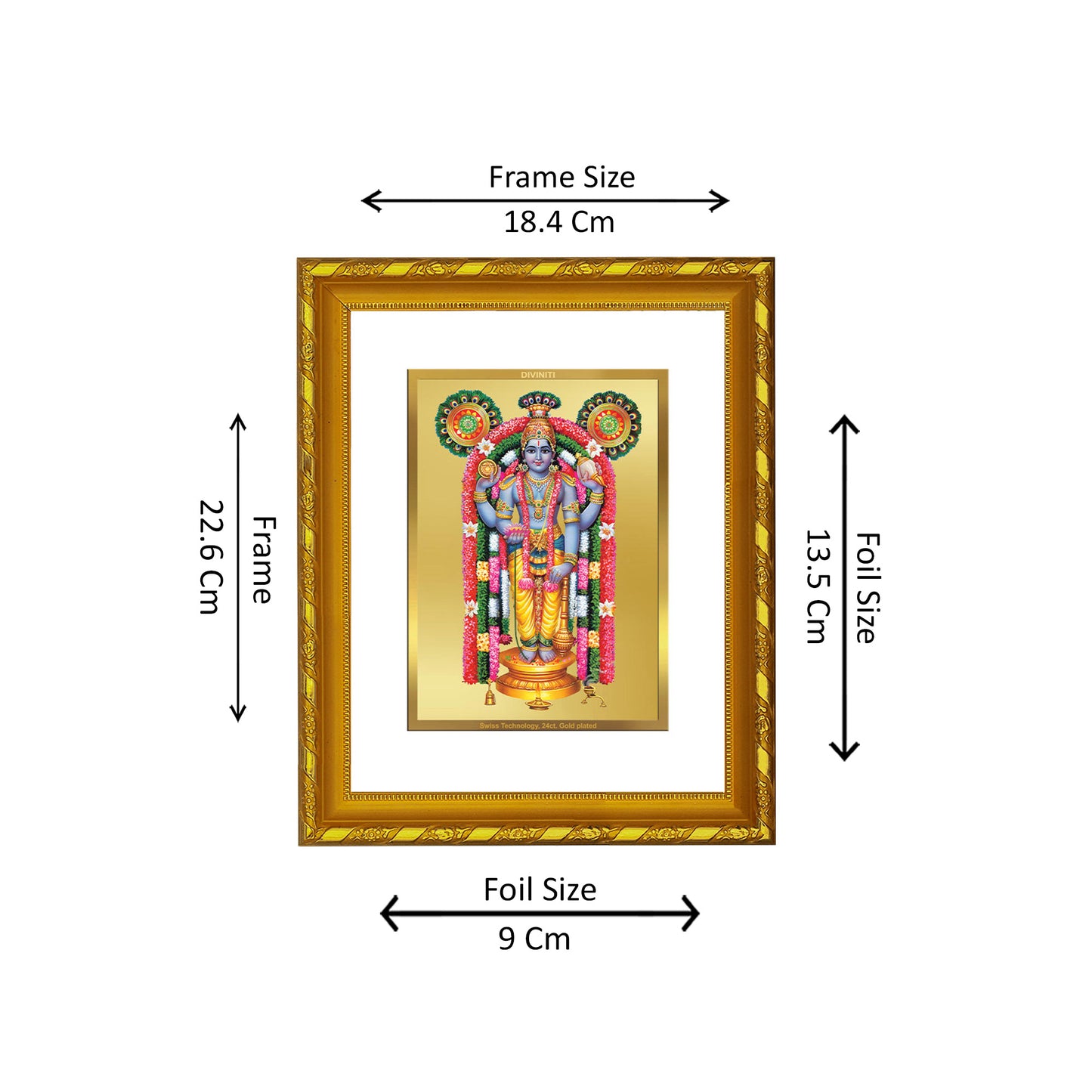 DIVINITI 24K Gold Plated Foil Guruvayurappan Photo Frame for Puja Room, Home Wall Decor, Workshop, Table Top, Premium Gift|DG103 Size 2 (22.6x18.4 CM)