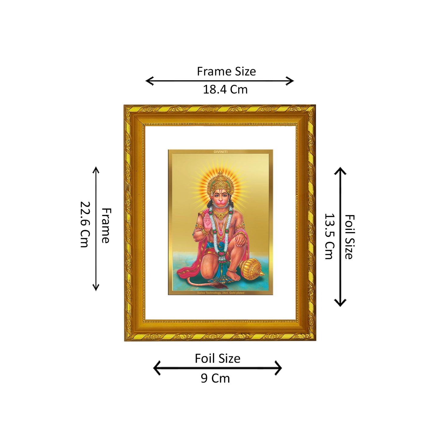 DIVINITI 24K Gold Plated Lord Hanuman Photo Frame Idol for Home & Office Decor, Wall Hanging, Workshop, Table Top, Gift|DG103 Size 2 (22.6x18.4 CM)