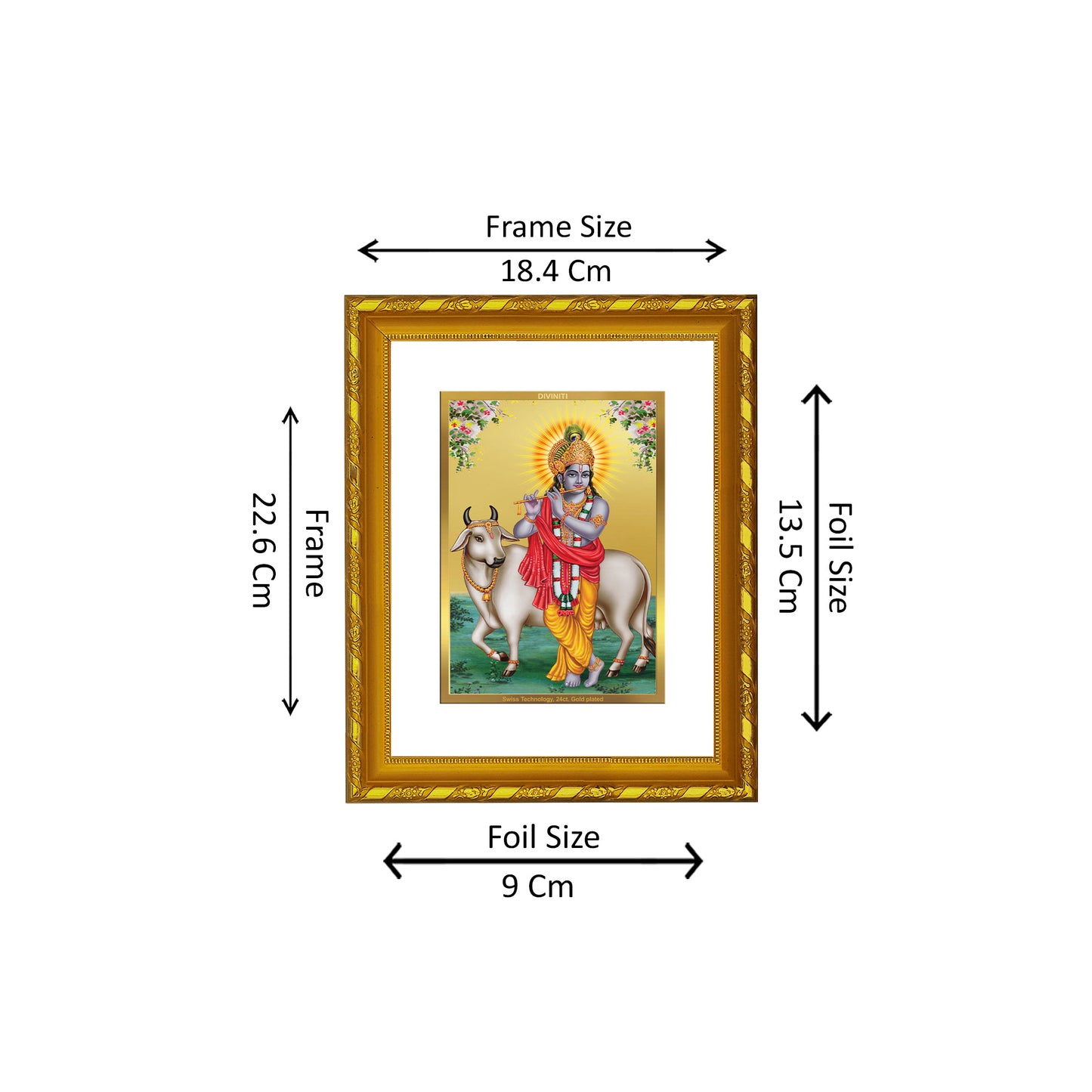 DIVINITI 24K Gold Plated Foil Lord Krishna Photo Frame Idol for Home & Office Decor, Wall Hanging, Workshop, Table Top, Gift|DG103 Size 2 (22.6x18.4 CM)