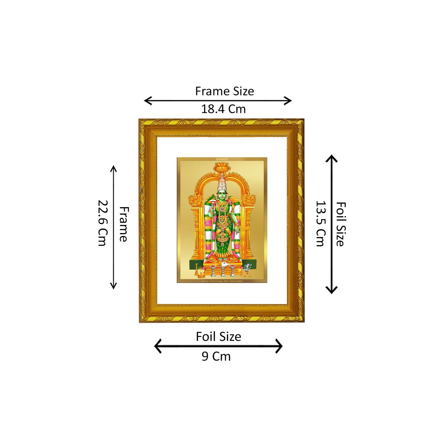 DIVINITI 24K Gold Plated Meenakshi Photo Frame Idol for Home Decor, Table Top, Wall Hanging, Workshop, Gift|DG103 Size 2 (22.6x18.4 CM)