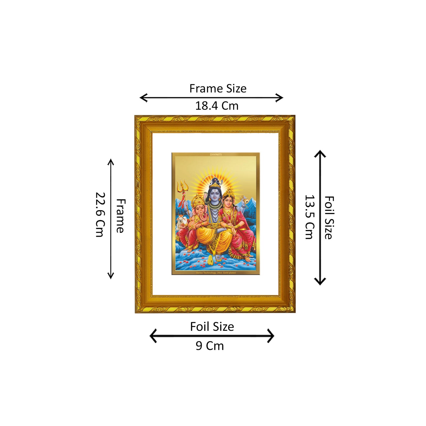 DIVINITI 24K Gold Plated Foil Lord Shiv Parivar Photo Frame for Home Decor, Puja Room, Table Top, Wall Hanging, Workshop, Gift|DG103 Size 2 (22.6x18.4 CM)
