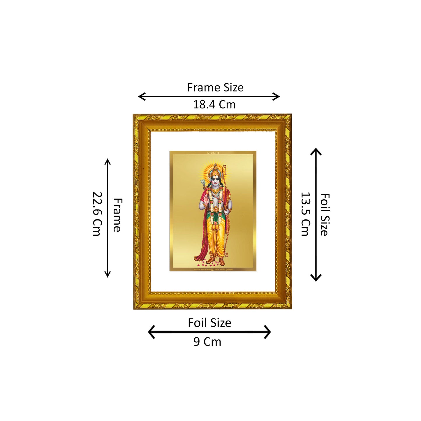 DIVINITI 24K Gold Plated Lord Shri Ram Photo Frame for Puja Room, Home Wall Decor, Workshop, Table Top, Gift|DG103 Size 2 (22.6x18.4 CM)