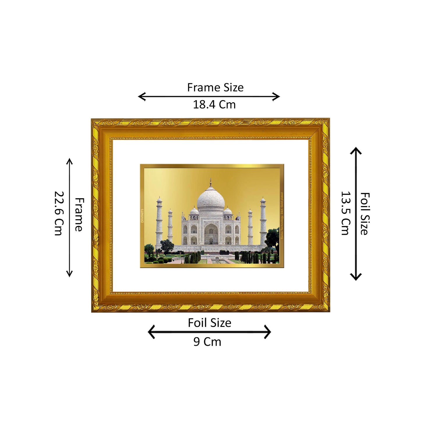 DIVINITI 24K Gold Plated Foil Taj Mahal Photo Frame for Home & Office Decor, Wall Hanging, Workshop, Table Top, Gift|DG103 Size 2 (22.6x18.4 CM)
