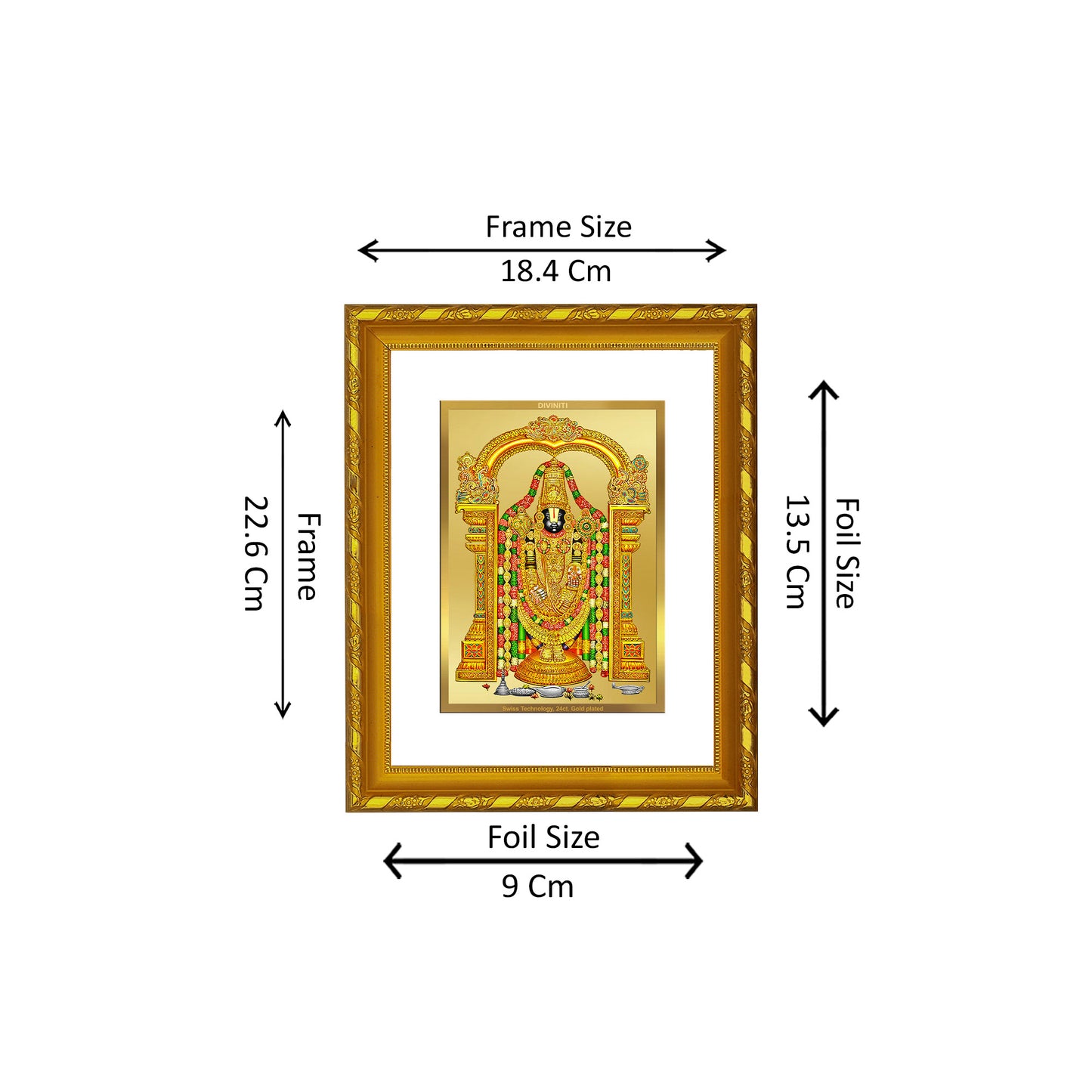 DIVINITI 24K Gold Plated Foil Tirupati Balaji Photo Frame for Home Wall Decor, Workshop, Table Top, Premium Gift|DG103 Size 2 (22.6x18.4 CM)