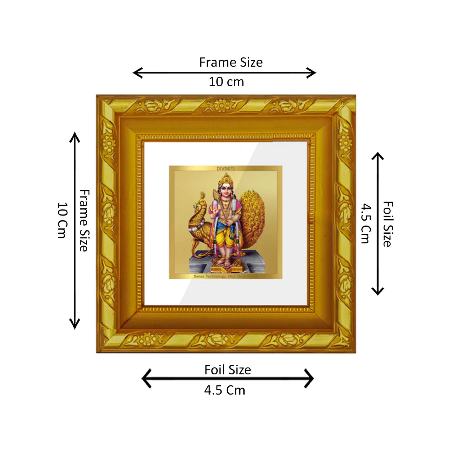 DIVINITI 24K Gold Plated Foil Lord Karthikey Photo Frame for Wall Hanging, Home Decor, Workshop, Table Top, Gifts | DG103S1A (10x10 CM)
