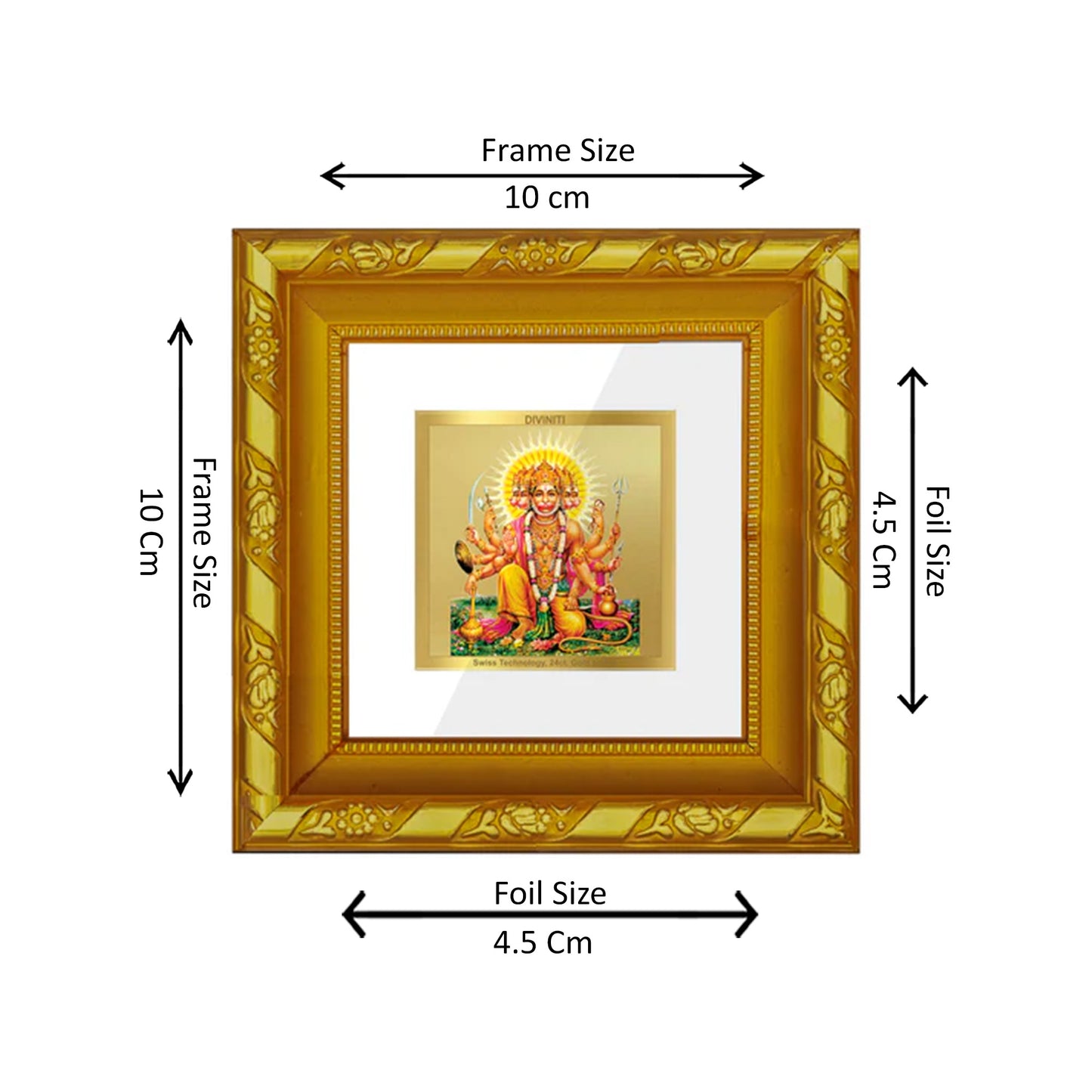 DIVINITI 24K Gold Plated Panchmukhi Hanuman Elegant Photo Frame Idol for Wall Hanging, Puja Room, Home Decor, Workshop, Gifts | DG103S1A (10x10 CM)