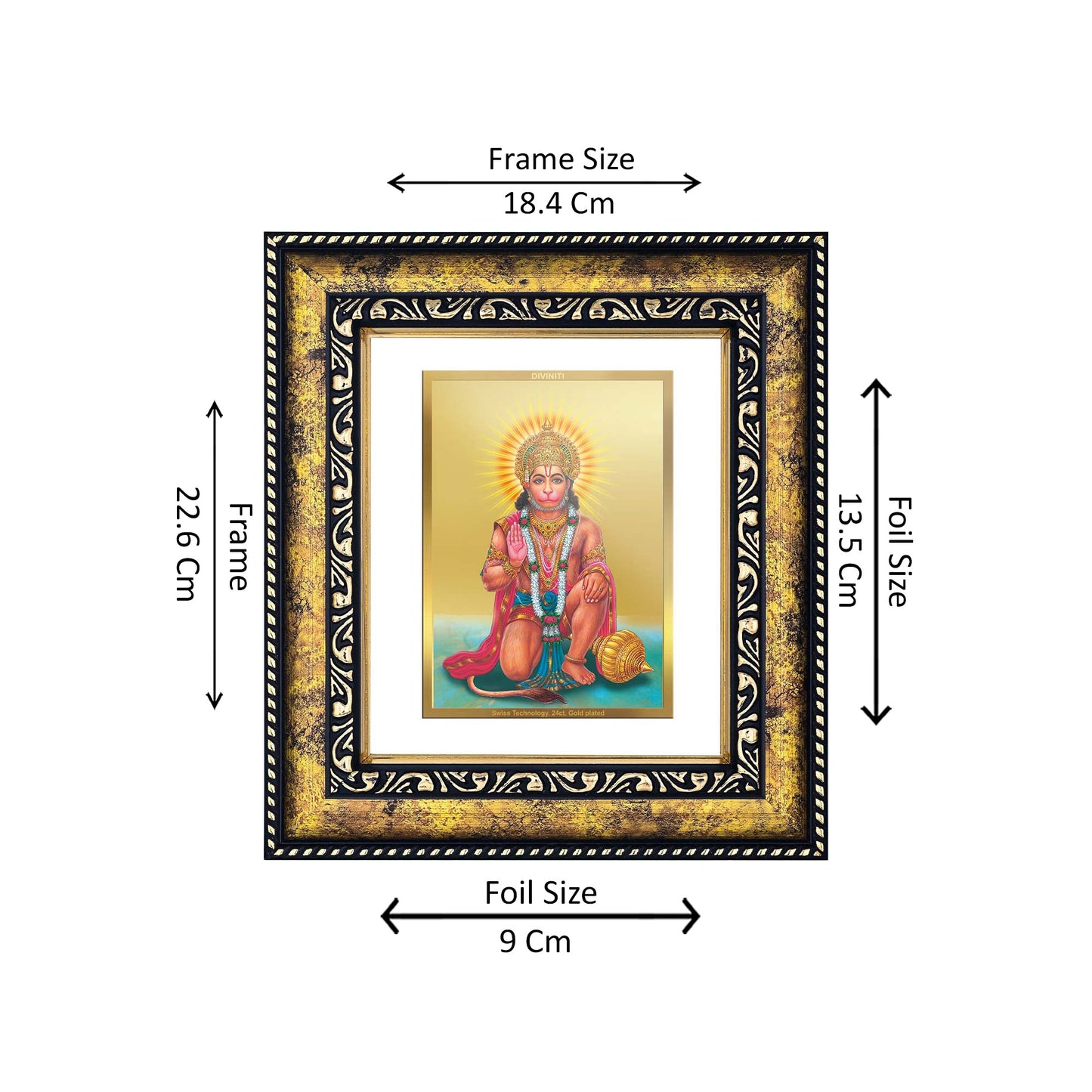 DIVINITI 24K Gold Plated Foil Hanuman Photo Frame for Home Wall Decor, Workshop, Table Top, Premium Gift|DG113 Size 2 (22.6x18.4 CM)