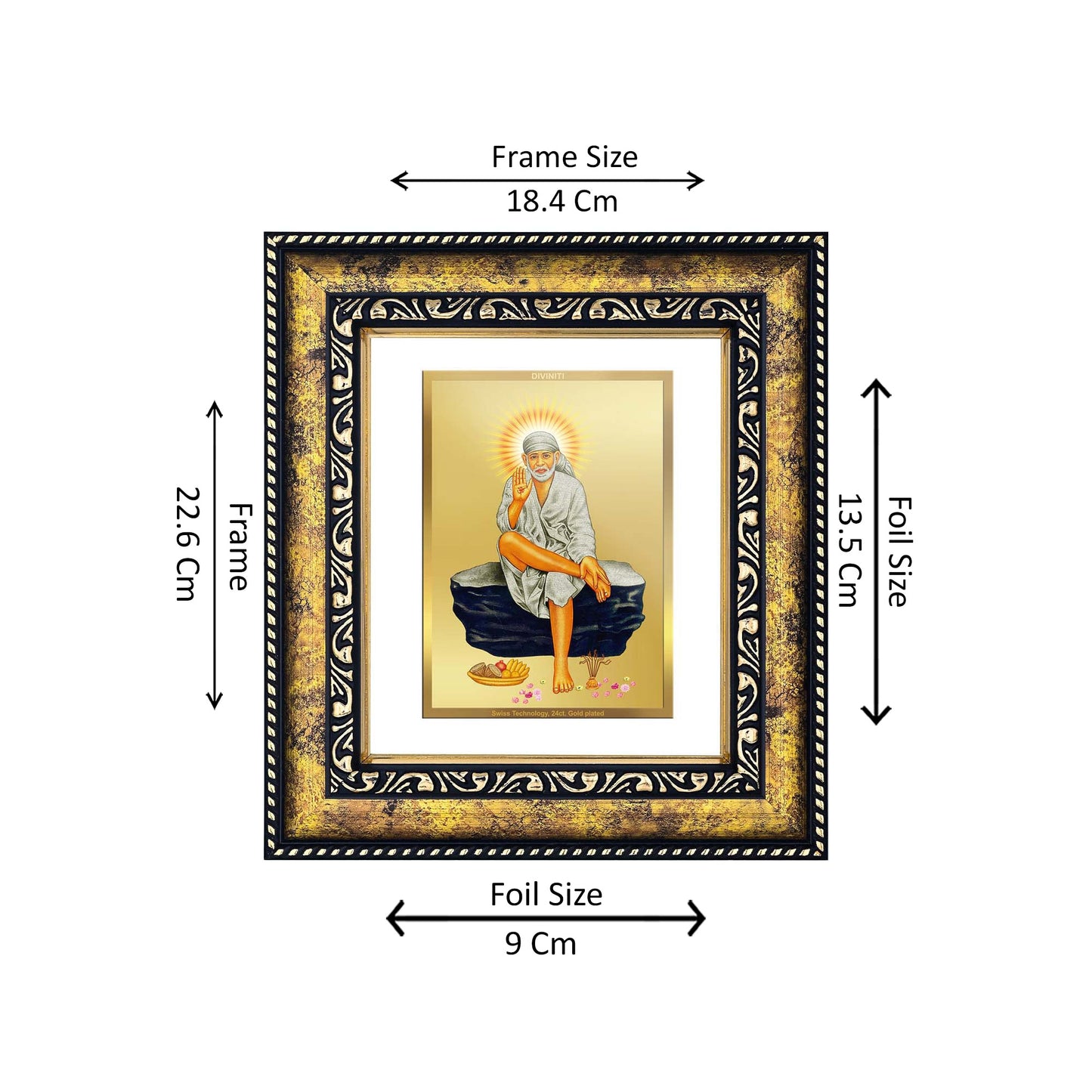 DIVINITI 24K Gold Plated Sai Baba Modern Photo Frame Idol for Wall Hanging, Workshop, Table Top, Home Decor, Luxury Gift|DG113 Size 2 (22.6x18.4 CM)